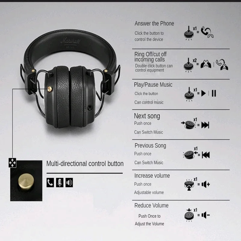 Original Marshall MAJOR III Wireless Folding Bluetooth Headphone Surround 3D Deep Bass Sport Earphone Gaming Video Headset