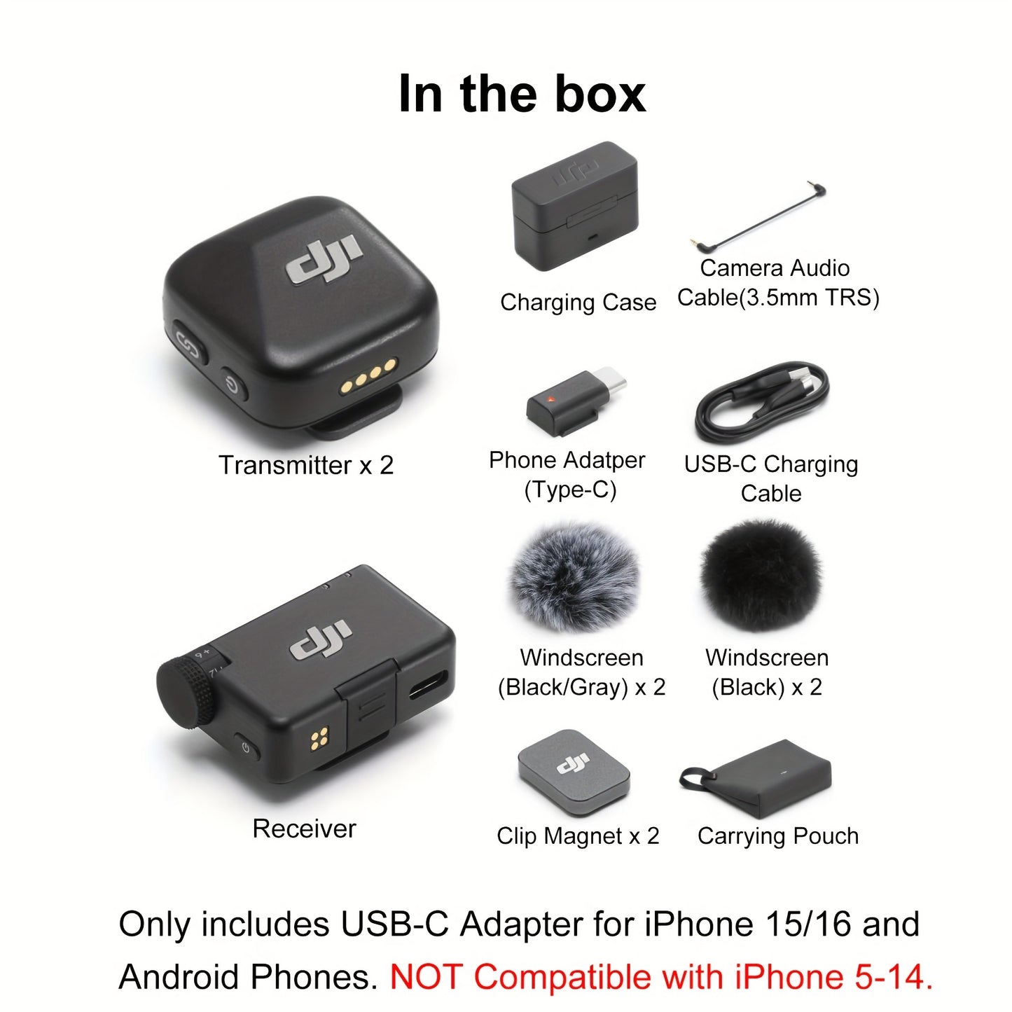 for dji Mic Mini Wireless Microphone System with 2 TX & 1 RX + Charging Case - Ultralight Noise-Canceling Lavalier for DJI Osmo Mobile 7P/Pocket3, Compatible with Iphones, Android Phones, Streaming, Vlogging, Content Creation