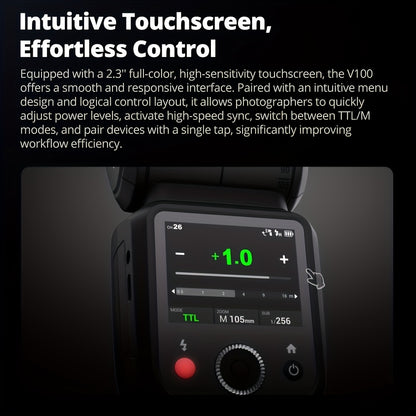 Godox V100-C V100-F V100-N V100-S 100W TTL Flash for Canon EOS Cameras, 400 Full Power Flashes, 1.7s Recharge Time, 2.4G Wireless with External Flash, Touch Screen Flash