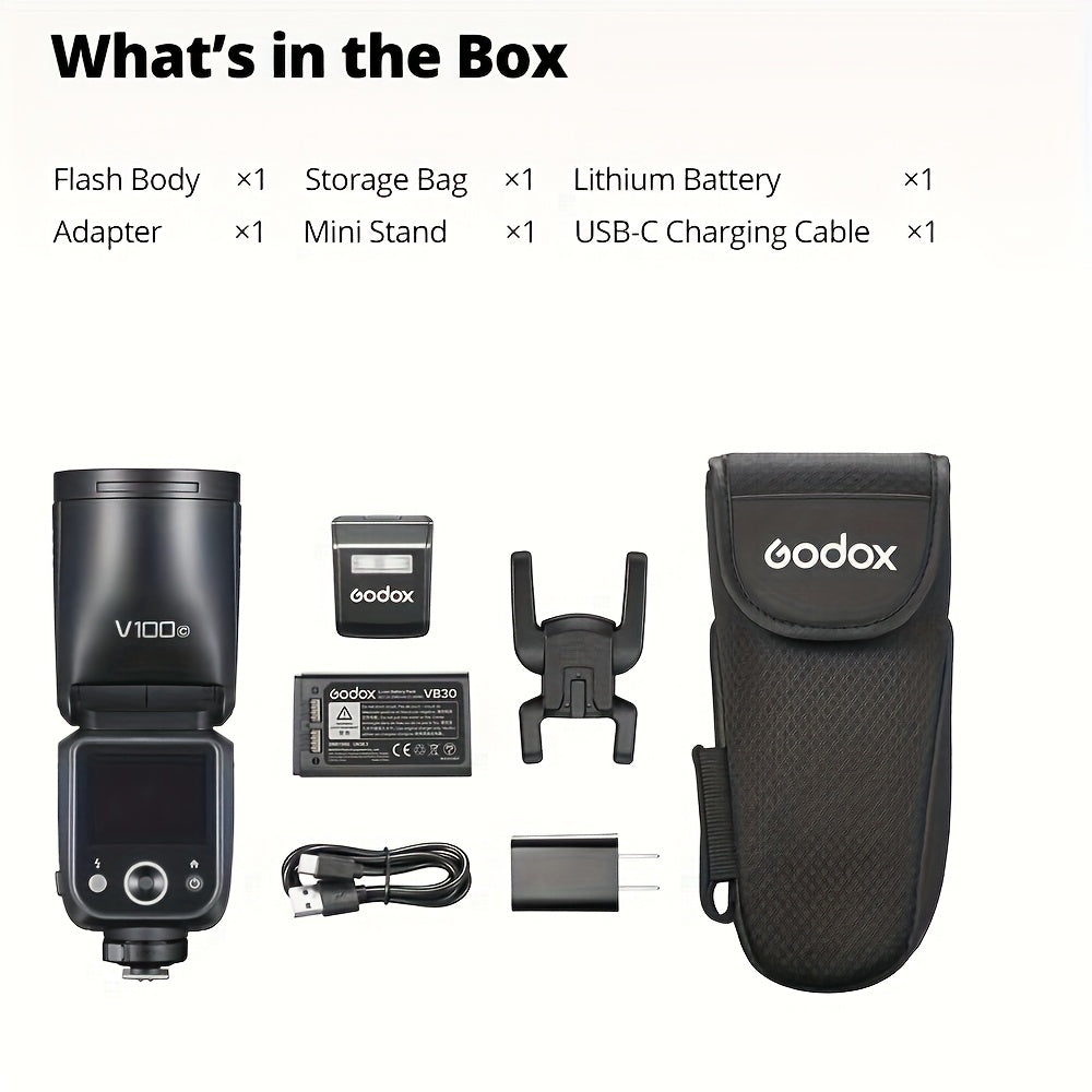 Godox V100-C V100-F V100-N V100-S 100W TTL Flash for Canon EOS Cameras, 400 Full Power Flashes, 1.7s Recharge Time, 2.4G Wireless with External Flash, Touch Screen Flash